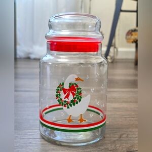 Vintage Christmas Goose Glass Cannister With Lid Farmhouse Cabin Decor Retro